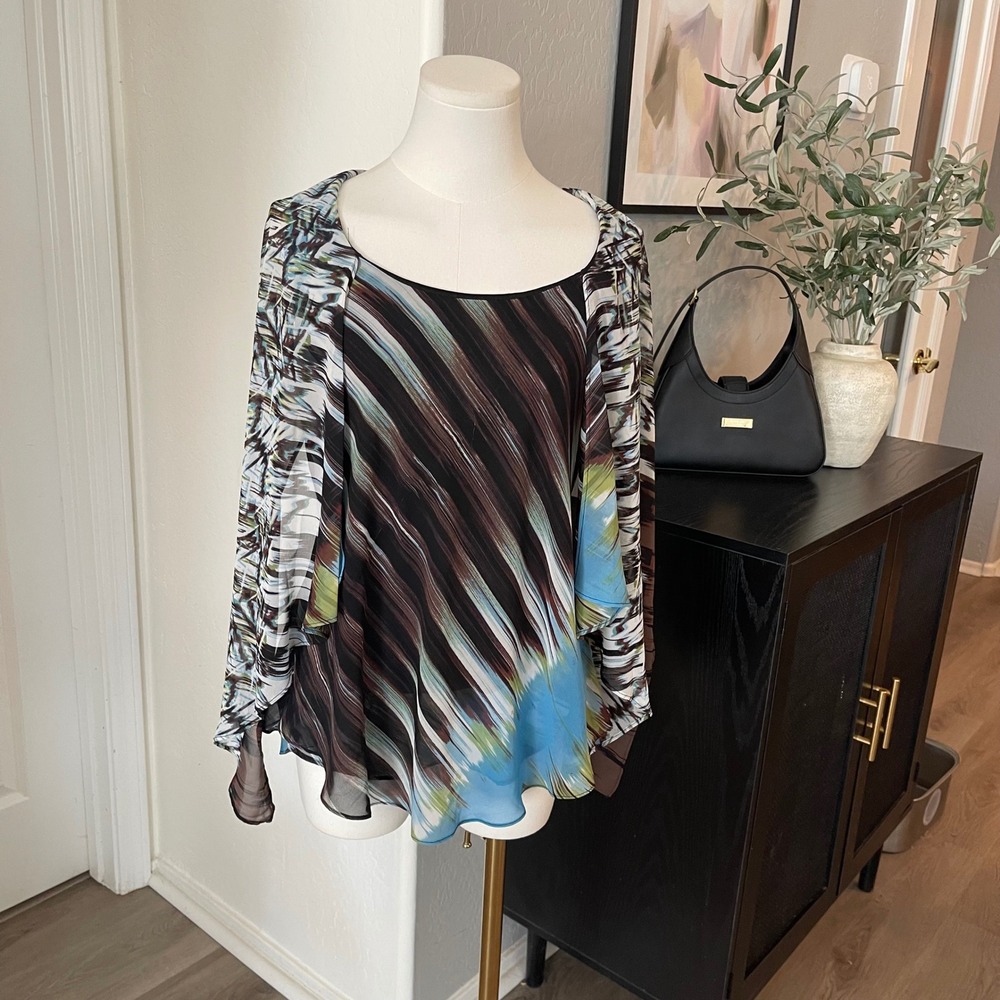 Bisou Bisou Cape Sleeve Blouse Womens M Black Blue Vintage Y2K Fairycore Top